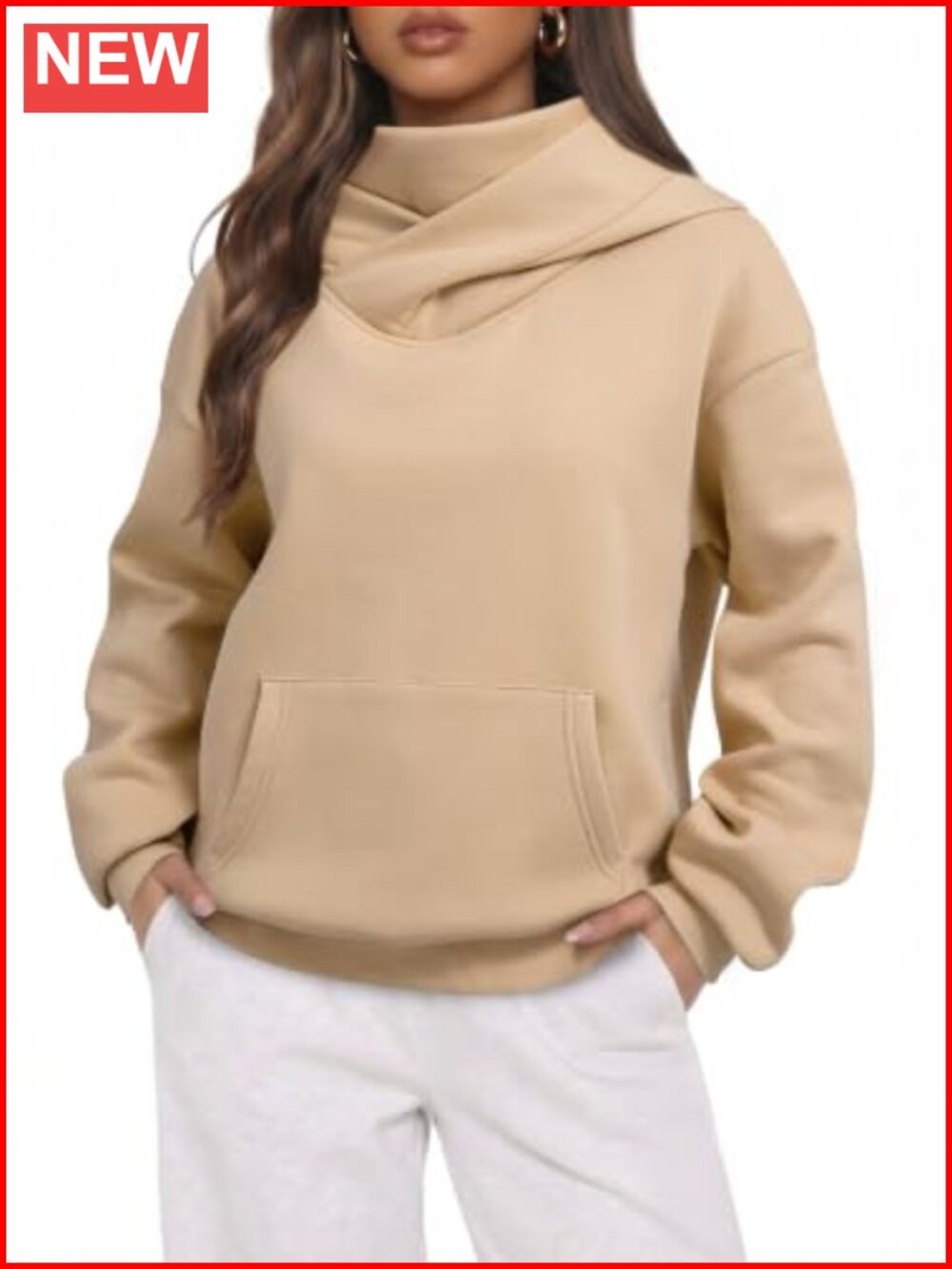 Oversized Mock Neck Hoodie with Face Cover Fleece Lined Pullover
